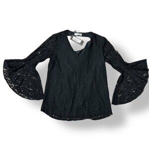 NWT Lola & Sophie Black Lace Pullover Top v-Neck Bell Sleeves Cowl Back Sz XS